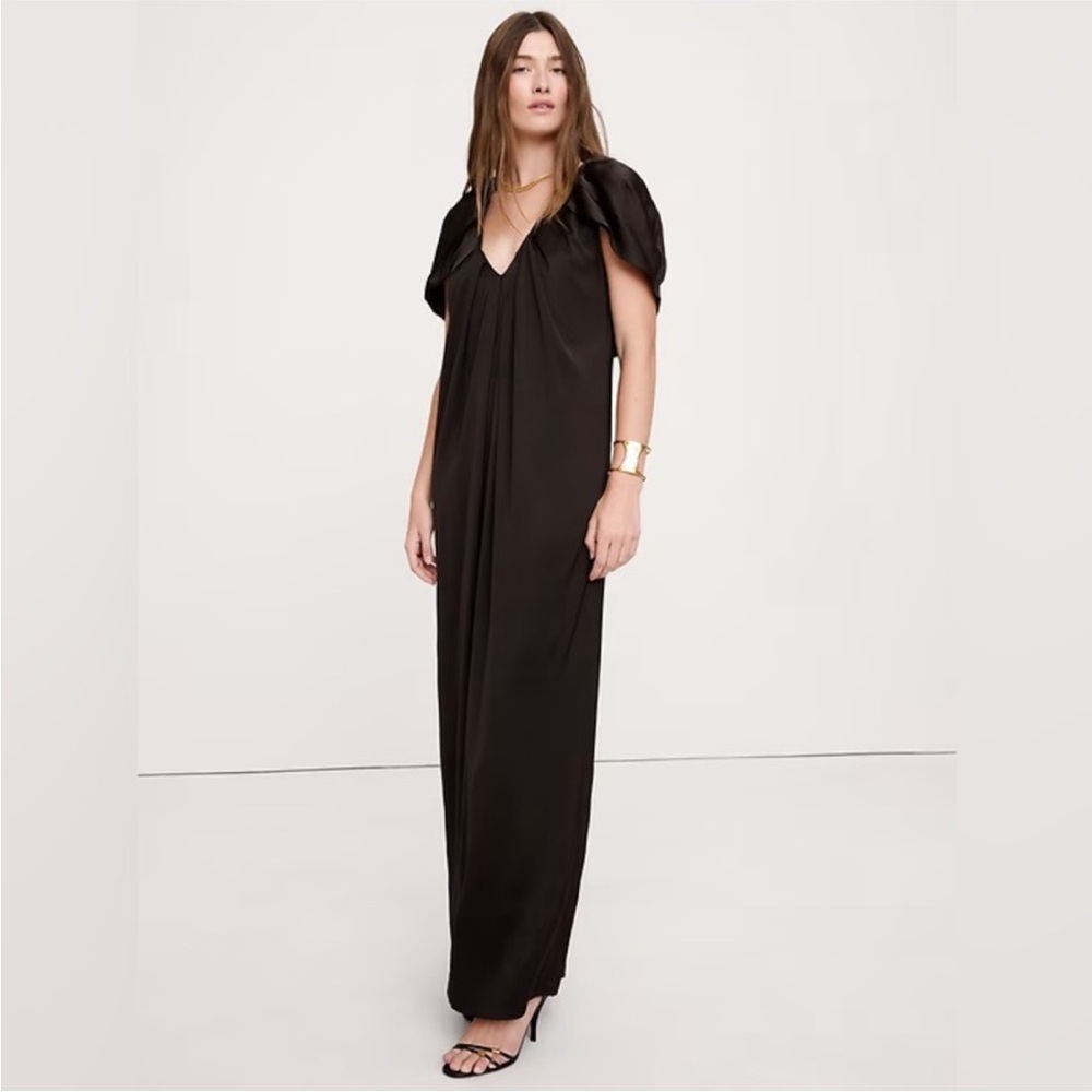 NEW! Banana Republic Ganache Brown Stretch-Satin Cape Maxi Dress - Large 🍒